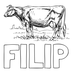 Online izdelana pobarvanka - Pobarvanka imena FILIP in pobarvanka krave na paši