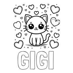 Online izdelana pobarvanka - Pobarvanka imena GIGI in pobarvanka ljubke mucke obdane z veliko srčki