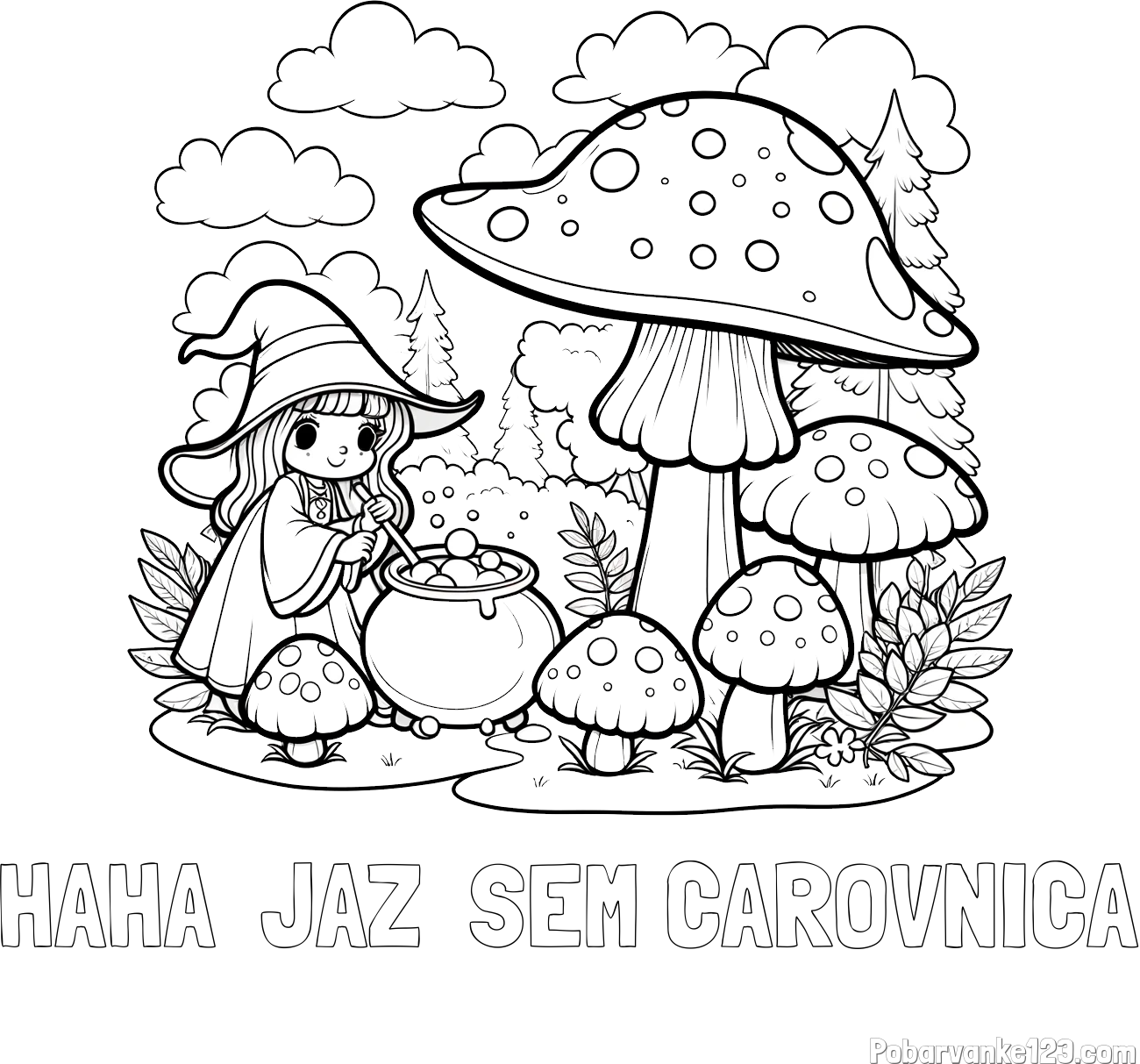 Pobarvanka imena HAHA  JAZ  SEM ČAROVNICA in pobarvanka čarovnice med gobami
