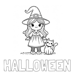 Online izdelana pobarvanka - Pobarvanka imena HALLOWEEN in Čudovita pobarvanka ljubke čarovnice in nasmejane mačke