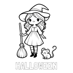 Online izdelana pobarvanka - Pobarvanka imena HALLOWEEN in pobarvanka čarovnice z metlo in miško