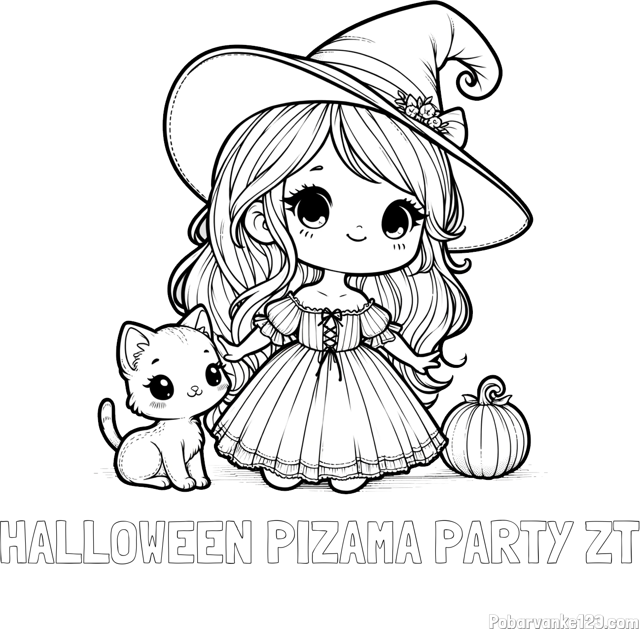 Pobarvanka imena HALLOWEEN PIZAMA PARTY ZT in pobarvanka ljubke čarovnice, muce in buče