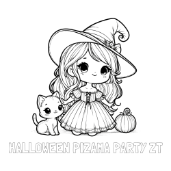 Online izdelana pobarvanka - Pobarvanka imena HALLOWEEN PIZAMA PARTY ZT in pobarvanka ljubke čarovnice, muce in buče