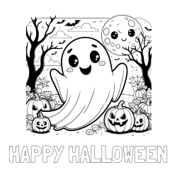 Online izdelana pobarvanka - Pobarvanka imena HAPPY HALLOWEEN in pobarvanka ljubkega duhca in buč za noč čarovnic