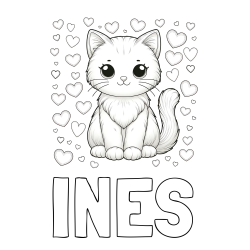Online izdelana pobarvanka - Pobarvanka imena INES in pobarvanka ljubke mucke obdane s srčki