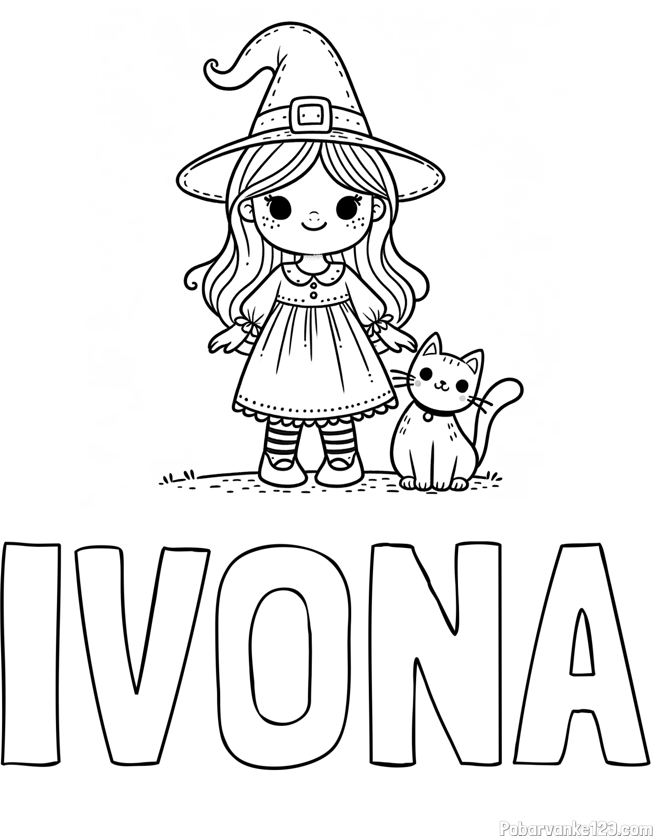 Pobarvanka imena IVONA in Čudovita pobarvanka ljubke čarovnice in nasmejane mačke