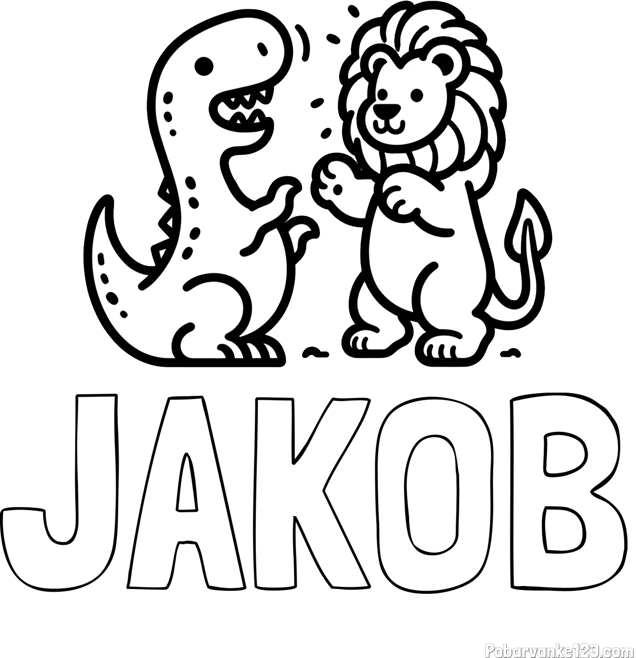 Pobarvanka imena JAKOB in pobarvanka dinozavra, ki napada leva