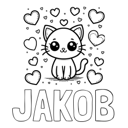 Online izdelana pobarvanka - Pobarvanka imena JAKOB in pobarvanka ljubke mucke obdane z veliko srčki