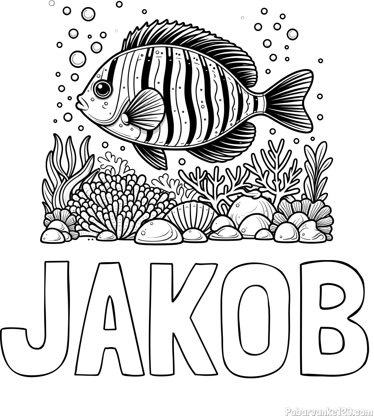 Pobarvanka imena JAKOB in pobarvanka ribe v morju med koralami