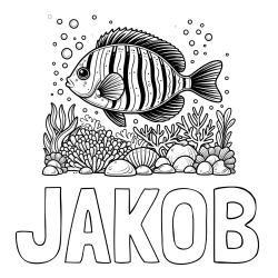 Online izdelana pobarvanka - Pobarvanka imena JAKOB in pobarvanka ribe v morju med koralami
