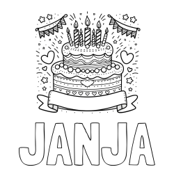 Online izdelana pobarvanka - Pobarvanka imena JANJA in pobarvanka velike torte za rojstni dan