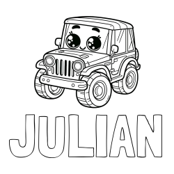 Online izdelana pobarvanka - Pobarvanka imena JULIAN in otroška pobarvanka nasmejanega jeep-a