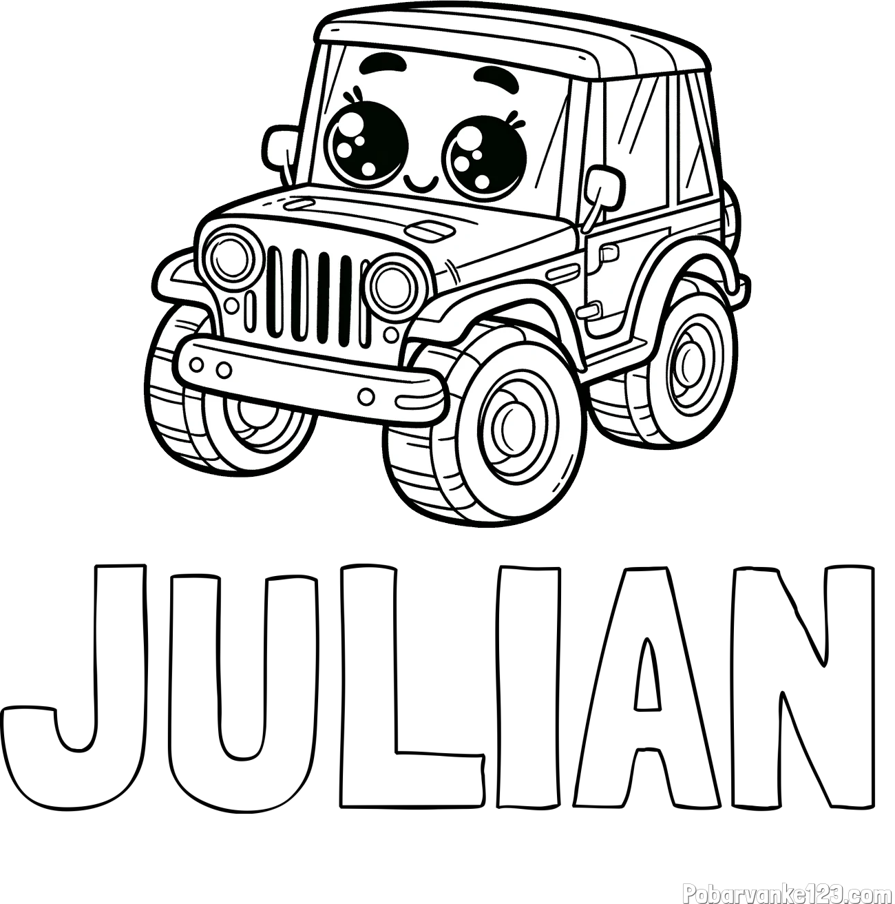 Pobarvanka imena JULIAN in otroška pobarvanka nasmejanega jeep-a