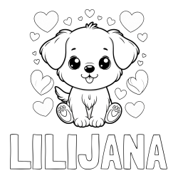 Pobarvanka imena LILIJANA in pobarvanka ljubkega kužka obdanega s srčki