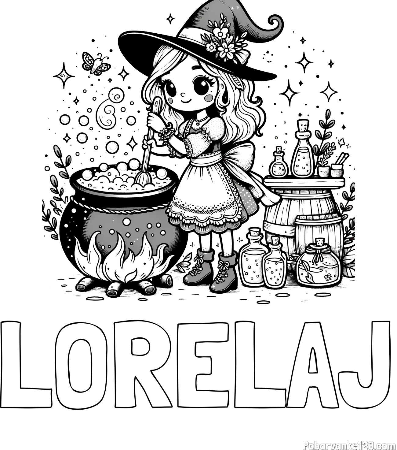 Pobarvanka imena LORELAJ in pobarvanka prikupna čarovnica, ki pripravlja čarobni napoj