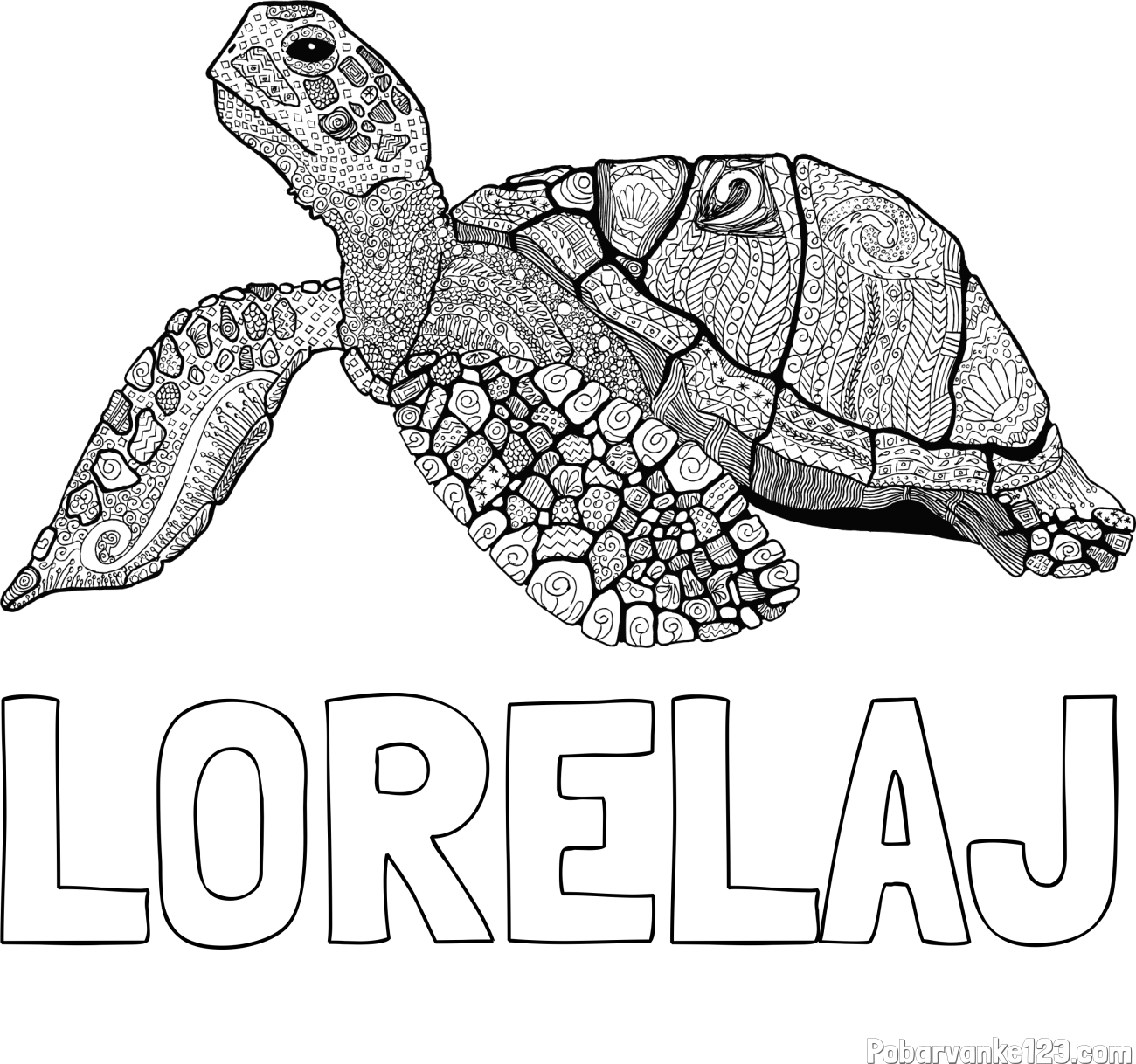 Pobarvanka imena LORELAJ in pobarvanka velike želve - mandale