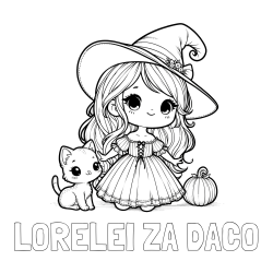 Online izdelana pobarvanka - Pobarvanka imena LORELEI ZA DACO in pobarvanka ljubke čarovnice, muce in buče