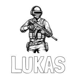 Online izdelana pobarvanka - Pobarvanka imena LUKAS in pobarvanka PUBG osrednjega lika v bojnem položaju