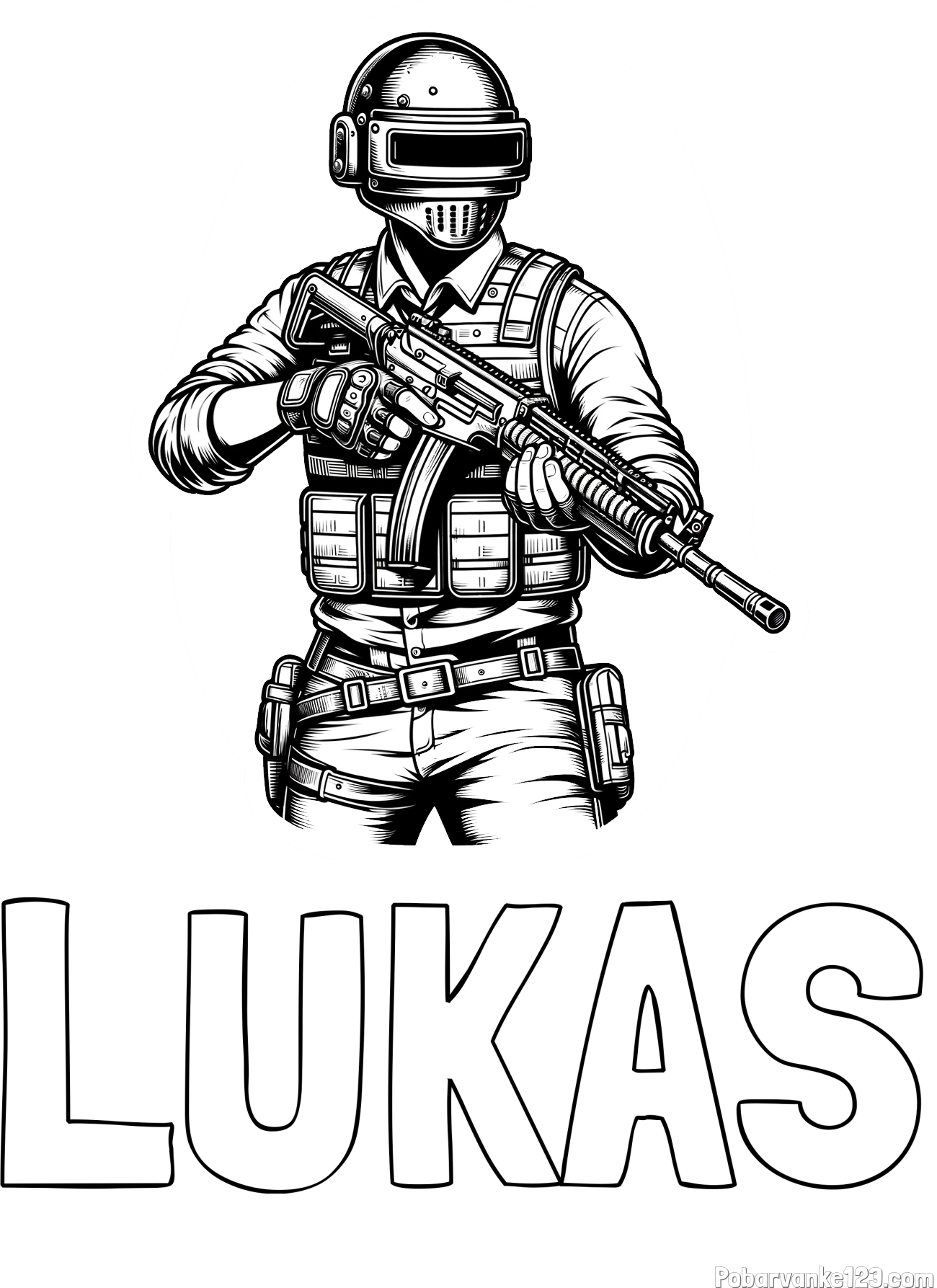 Pobarvanka imena LUKAS in pobarvanka PUBG osrednjega lika v bojnem položaju