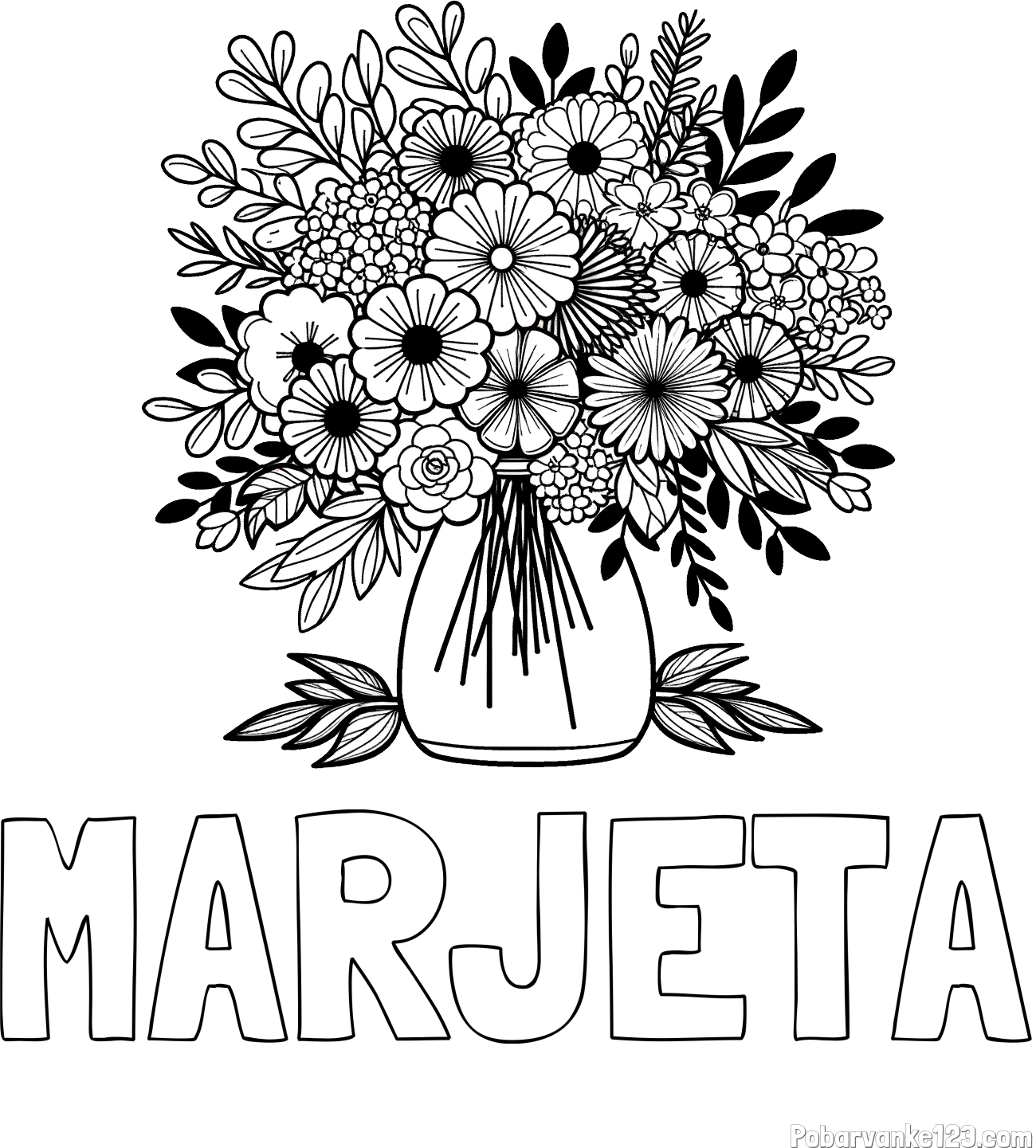 Pobarvanka imena MARJETA in pobarvanka veliekga šopka rož
