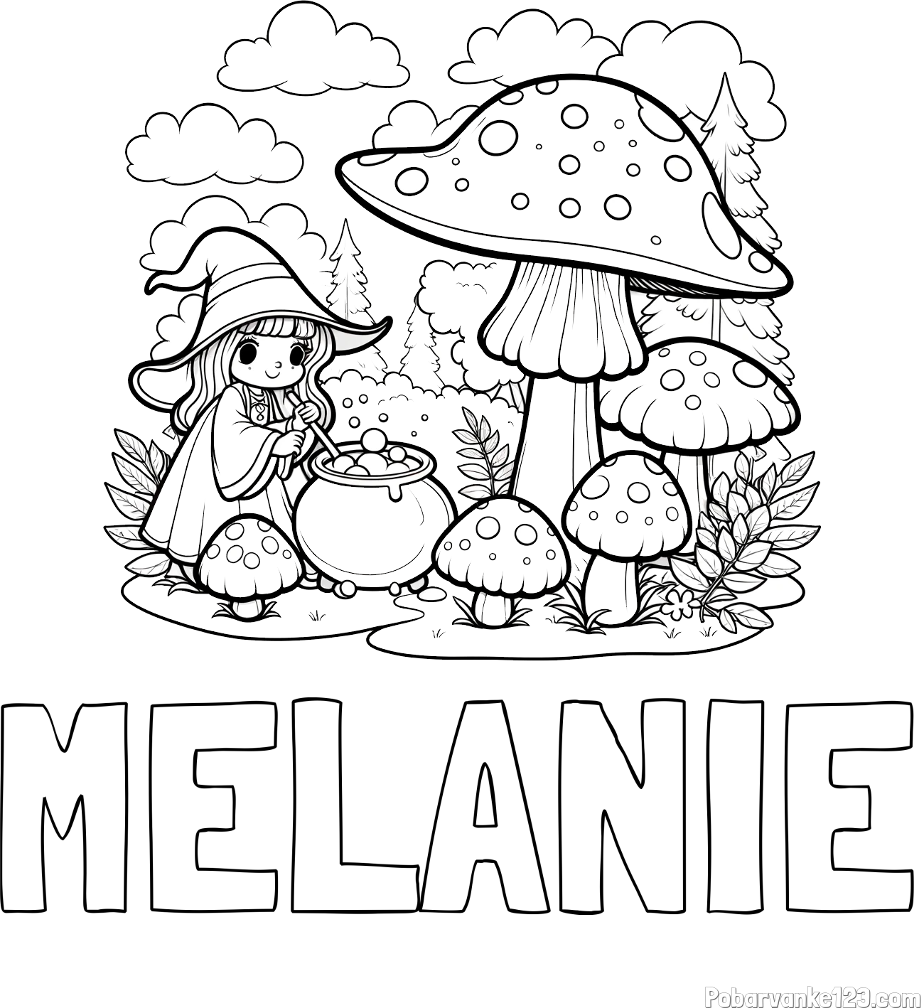 Pobarvanka imena MELANIE in pobarvanka čarovnice med gobami