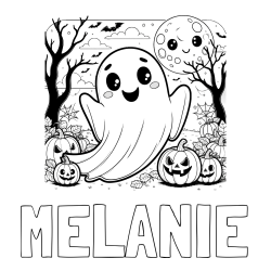 Online izdelana pobarvanka - Pobarvanka imena MELANIE in pobarvanka ljubkega duhca in buč za noč čarovnic