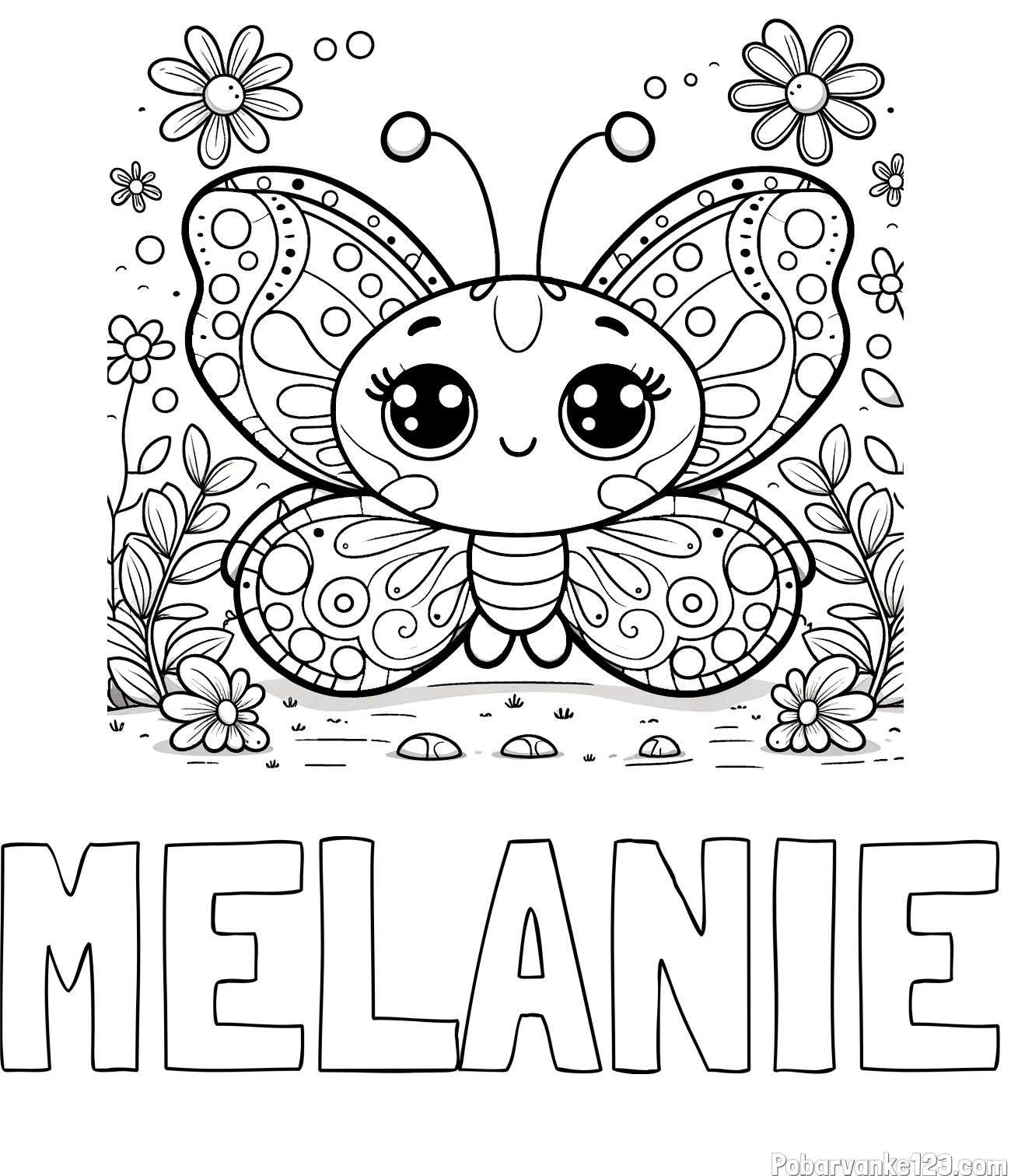 Pobarvanka imena MELANIE in pobarvanka ljubkega metuljčka