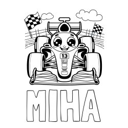 Online izdelana pobarvanka - Pobarvanka imena MIHA in otroška pobarvanka FORMULA 1
