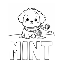 Online izdelana pobarvanka - Pobarvanka imena MINT in pobarvanka prikupnega psička