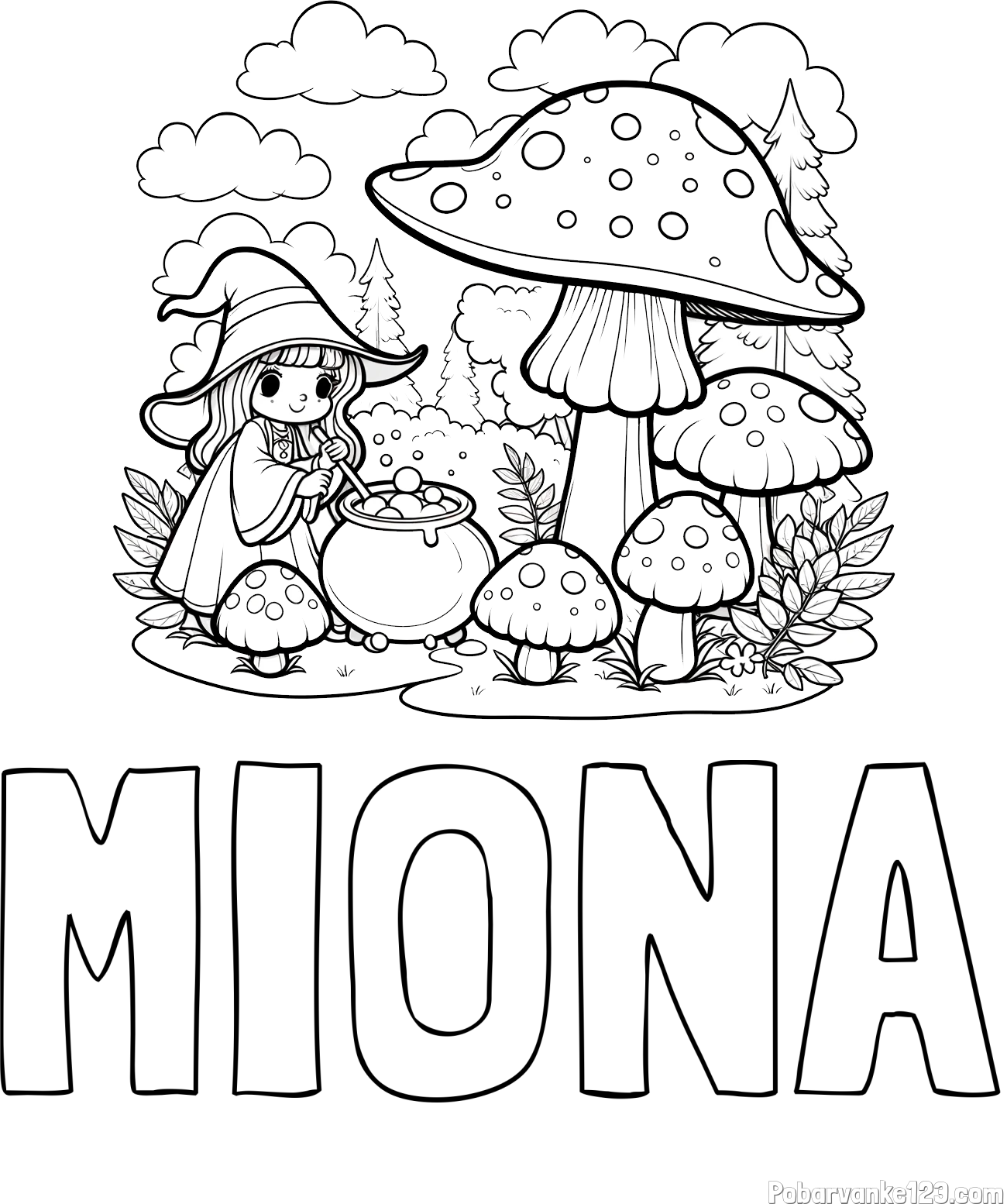 Pobarvanka imena MIONA in pobarvanka čarovnice med gobami