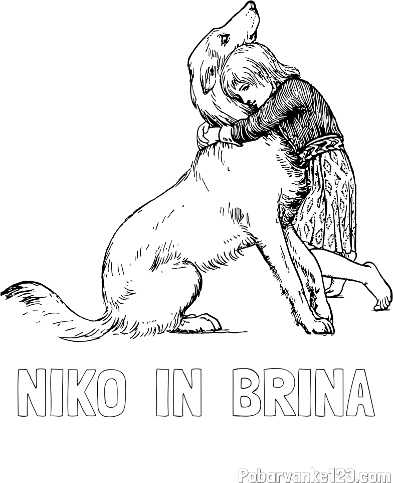 Pobarvanka imena NIKO  IN  BRINA in pobarvanka prikupnega kužka, ki ga objema mala deklica