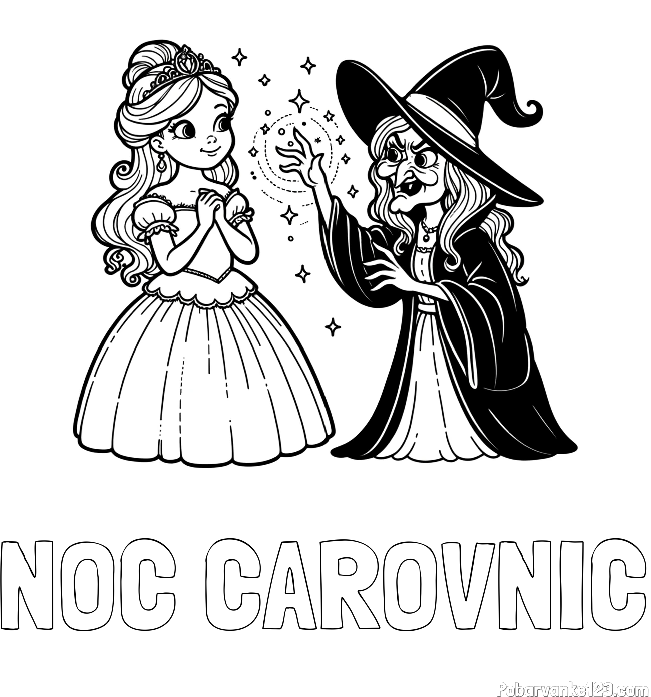 Pobarvanka imena NOČ ČAROVNIC in pobarvanka zlobne čarovnice, ki poskuša začarati princesko