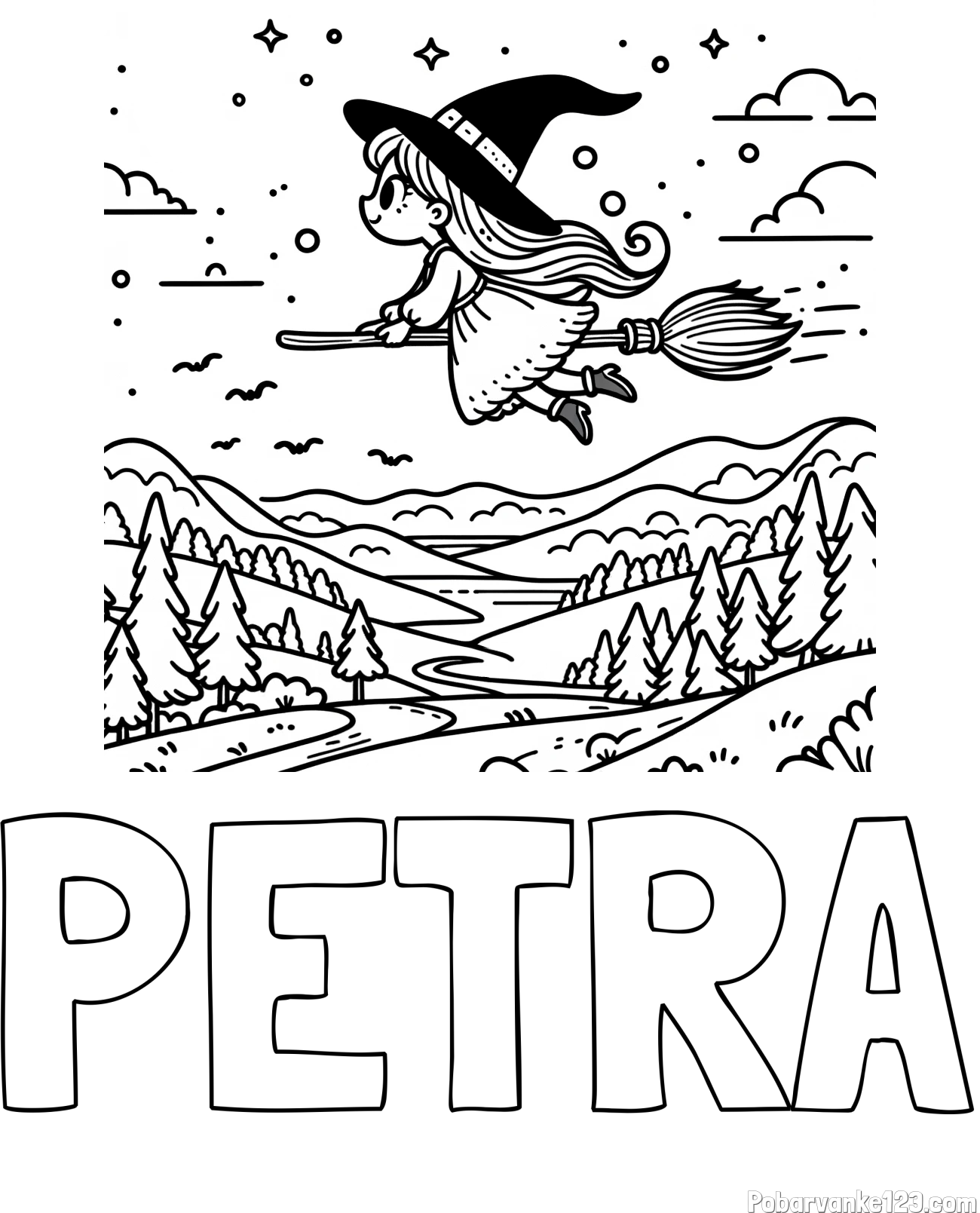 Pobarvanka imena PETRA in pobarvanka čarovnice, ki leti na metli
