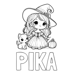 Online izdelana pobarvanka - Pobarvanka imena PIKA in pobarvanka ljubke čarovnice, muce in buče
