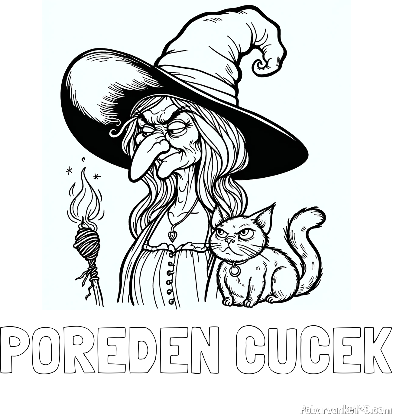 Pobarvanka imena POREDEN CUCEK in pobarvanka zlobne stare čarovnice in mačke