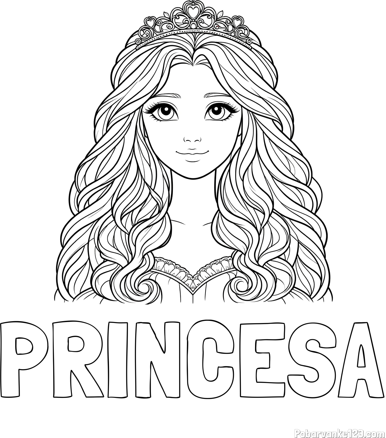 Pobarvanka imena PRINCESA in pobarvanka ljubke princese z bujnimi lasmi