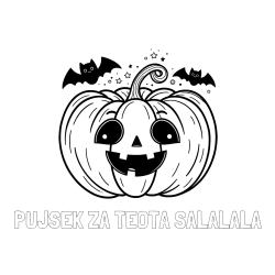 Online izdelana pobarvanka - Pobarvanka imena PUJSEK ZA TEOTA ŠALALALA in pobarvanka nasmejane buče ter dveh netopirjev za noč čarovnic