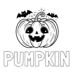 Online izdelana pobarvanka - Pobarvanka imena PUMPKIN in pobarvanka nasmejane buče ter dveh netopirjev za noč čarovnic