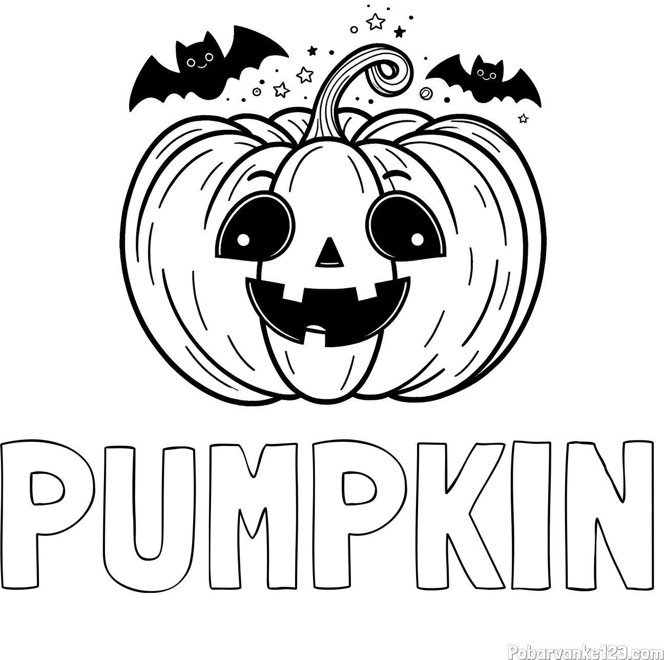 Pobarvanka imena PUMPKIN in pobarvanka nasmejane buče ter dveh netopirjev za noč čarovnic