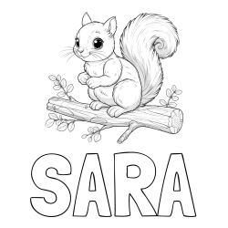 Online izdelana pobarvanka - Pobarvanka imena SARA in pobarvanka veverice na veji