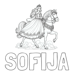 Online izdelana pobarvanka - Pobarvanka imena SOFIJA in pobarvanka princese na konju