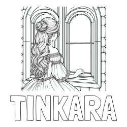 Online izdelana pobarvanka - Pobarvanka imena TINKARA in pobarvanka princese, ki gleda skozi okno