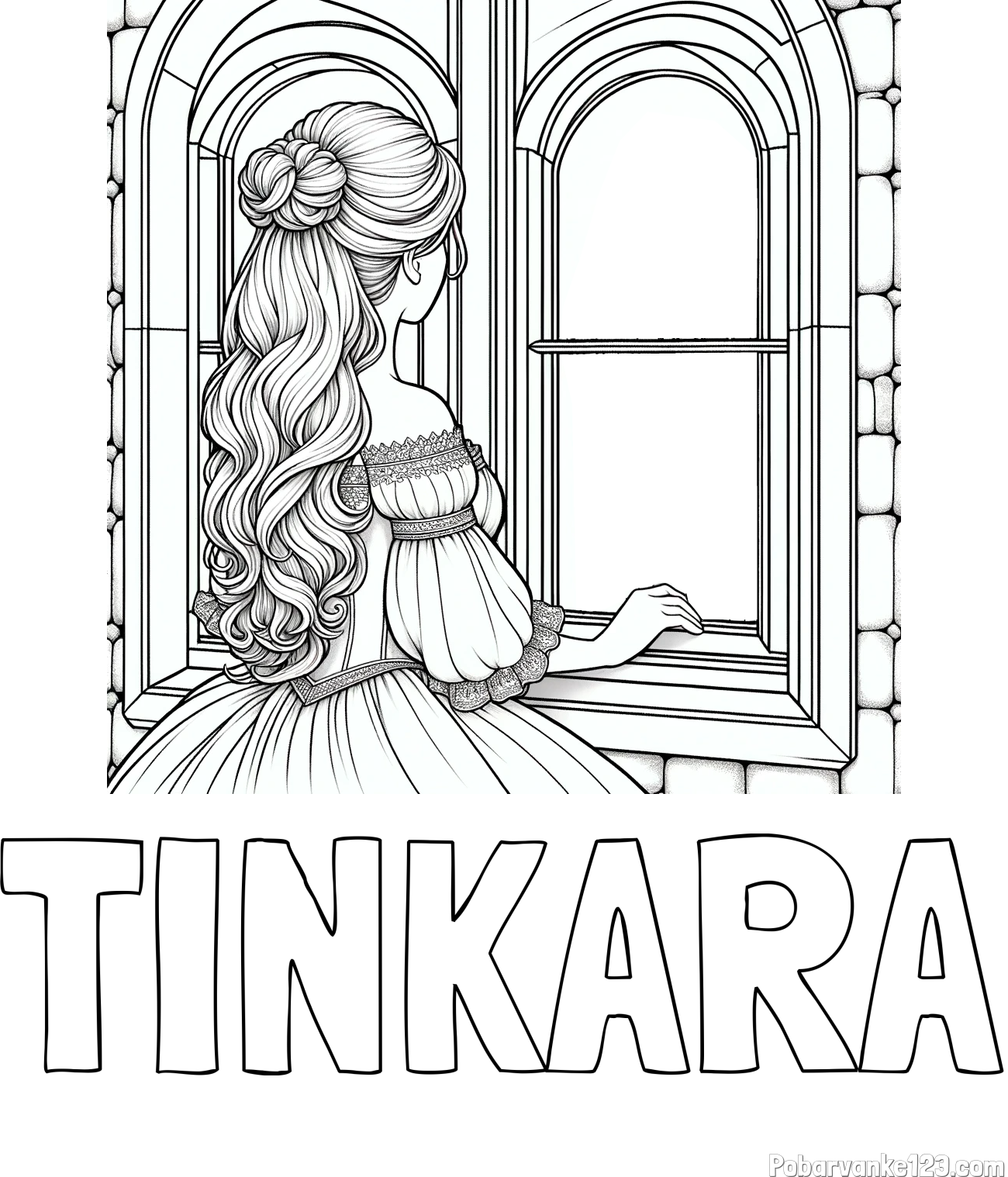 Pobarvanka imena TINKARA in pobarvanka princese, ki gleda skozi okno