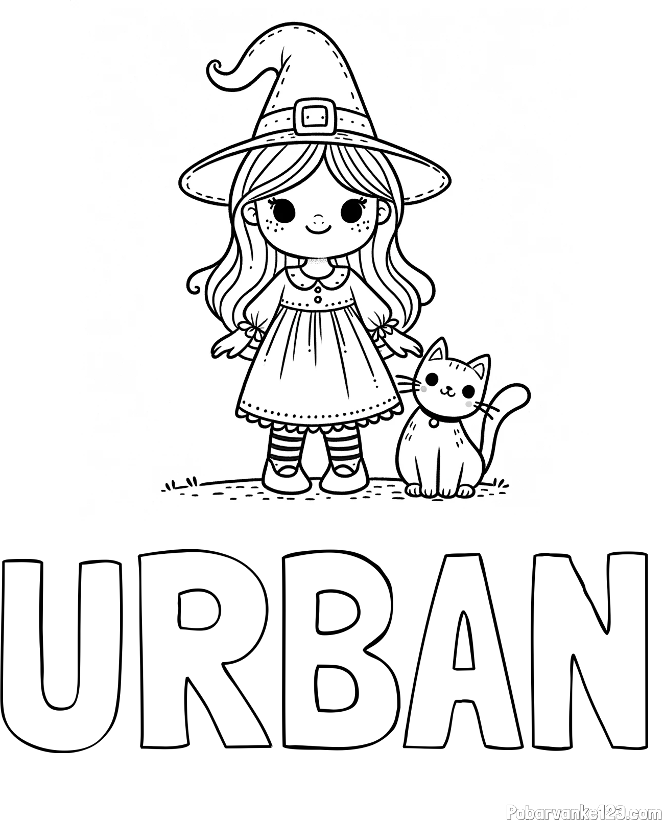 Pobarvanka imena URBAN in Čudovita pobarvanka ljubke čarovnice in nasmejane mačke