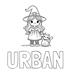 Online izdelana pobarvanka - Pobarvanka imena URBAN in Čudovita pobarvanka ljubke čarovnice in nasmejane mačke