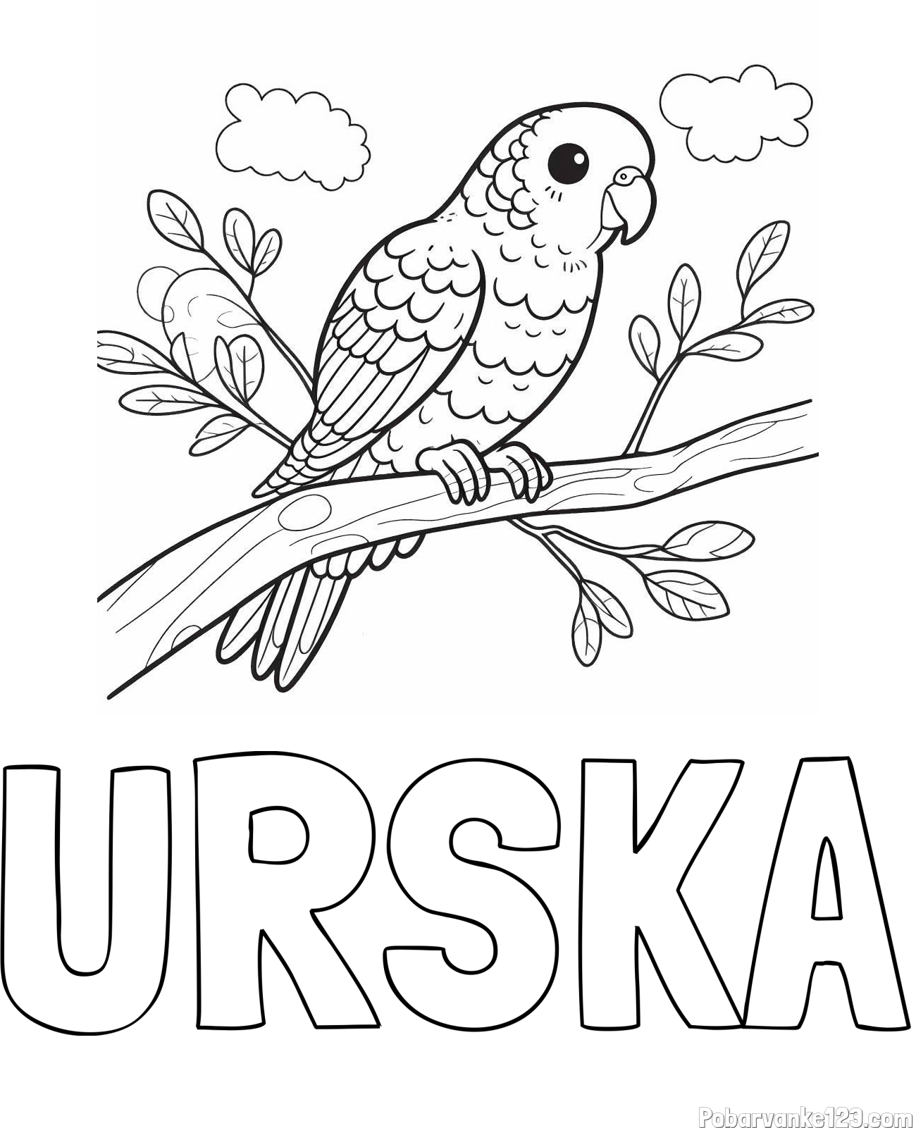 Pobarvanka imena URŠKA in pobarvanka ljubkega kanarčka na veji