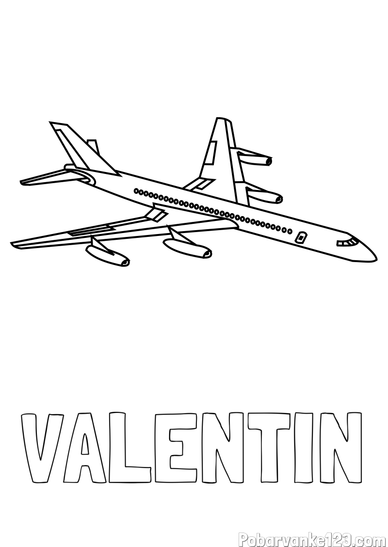 Pobarvanka imena VALENTIN in potniško letalo