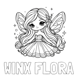 Online izdelana pobarvanka - Pobarvanka imena WINX FLORA in pobarvanka ljubke in nasmejane čarobne vile