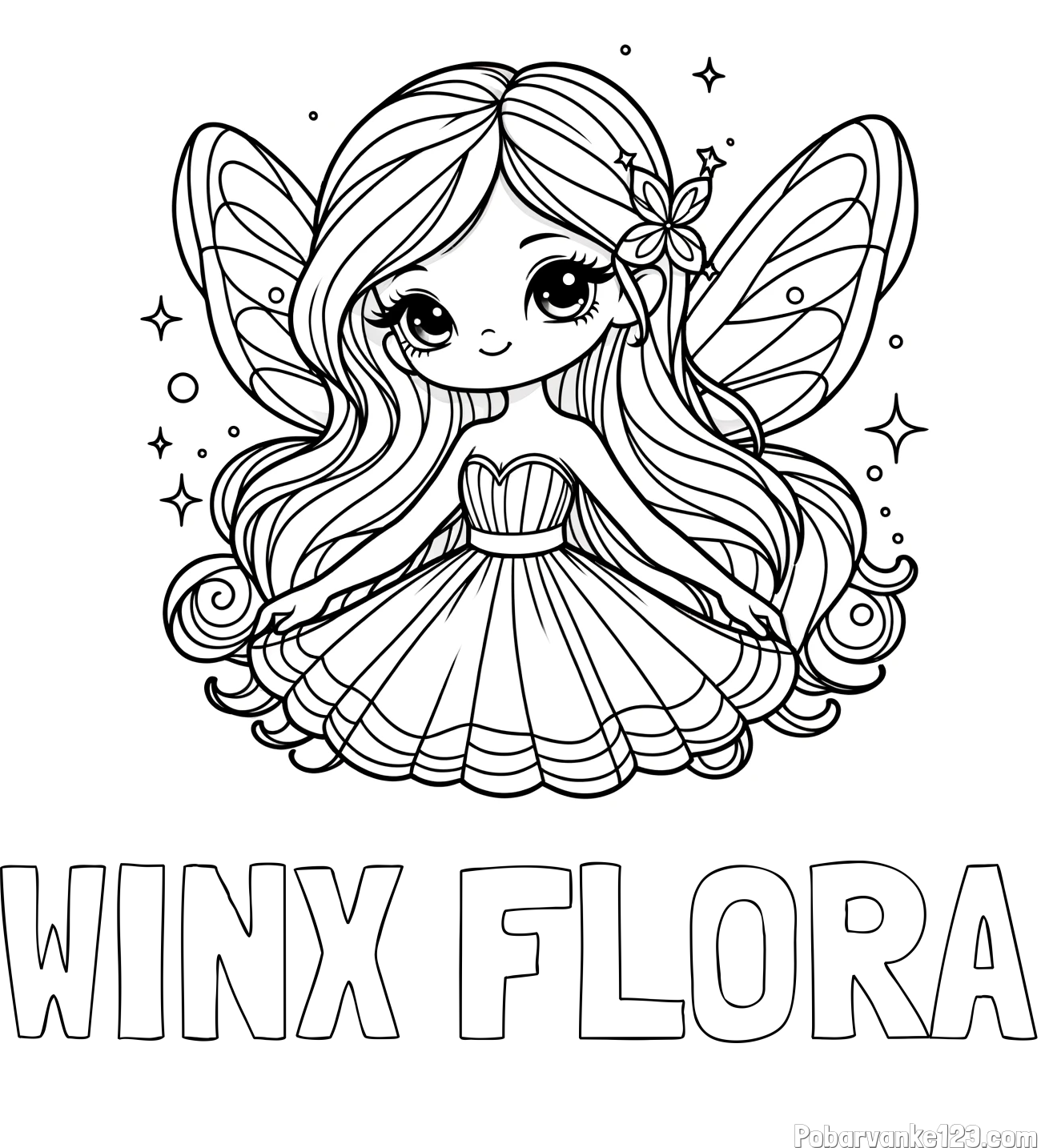 Pobarvanka imena WINX FLORA in pobarvanka ljubke in nasmejane čarobne vile
