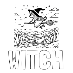 Online izdelana pobarvanka - Pobarvanka imena WITCH in pobarvanka čarovnice, ki leti na metli